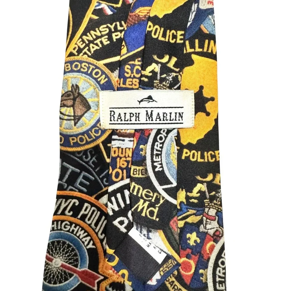 Ralph Marlin Vintage 1995 Police Patches Novelty Tie Made in USA Law Enforcement